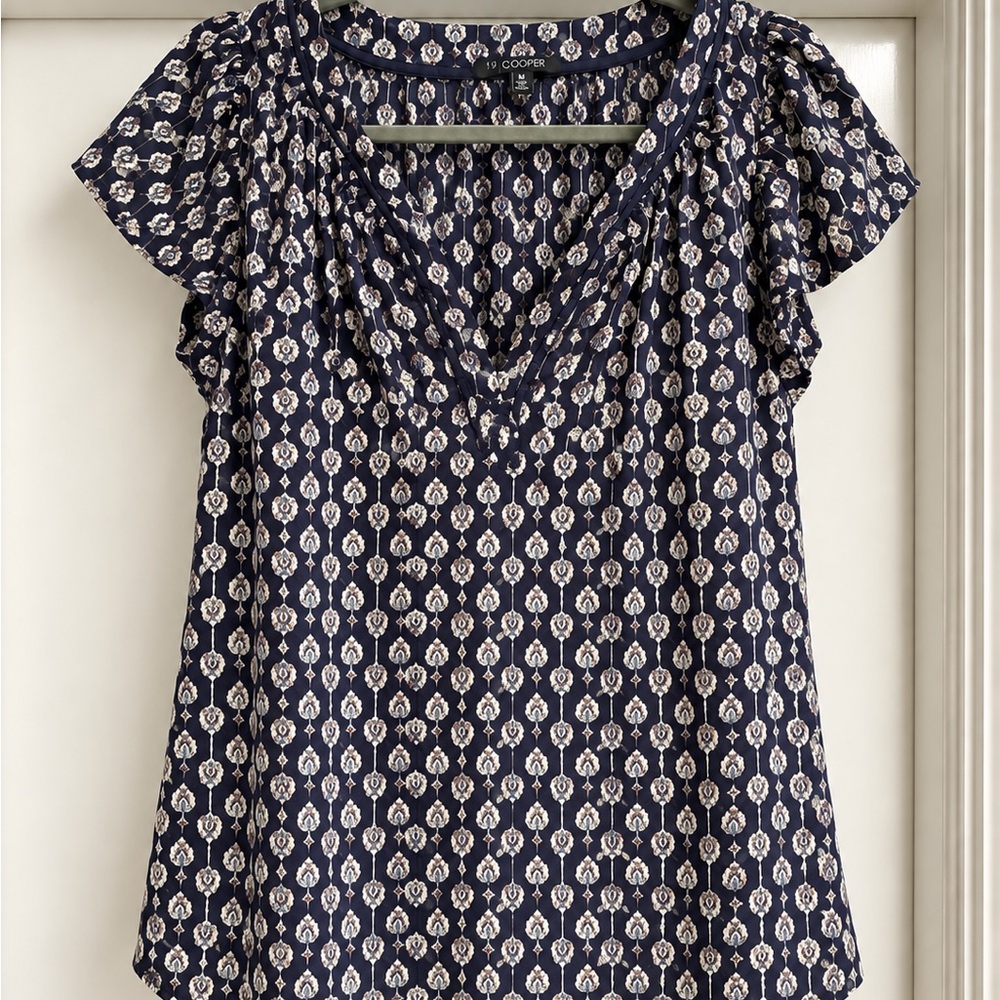 Cooper & Ella Navy Printed V-Neck Flutter Sleeve Top